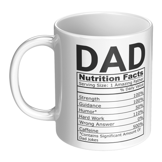 11oz White Ceramic Dad Nutrition Facts Mug – Funny Gift for Father’s Day, Birthday, or Christmas