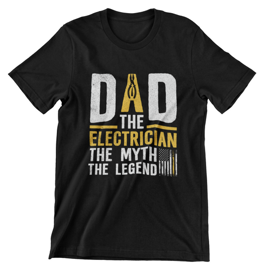 ‘Dad The Electrician The Myth The Legend’ text, yellow pliers graphic as letter A, and American flag
