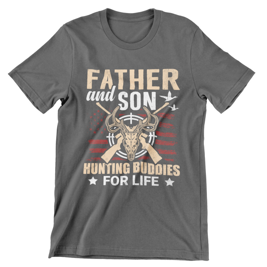 Father and Son Hunting Buddies For Life T-Shirt – Black tee with deer skull, rifles, and American flag graphic