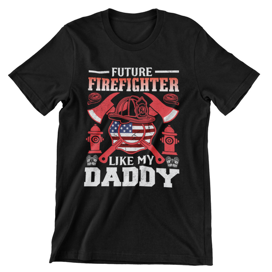 Future Firefighter Like My Daddy kids t-shirt with American flag helmet, axes, gloves, and fire hydrants