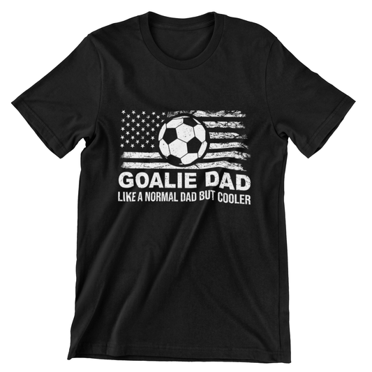 Goalie Dad T-shirt – Bold design featuring a soccer ball and American flag, ideal for soccer dads and goalie supporters.