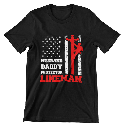 Husband Daddy Protector Lineman T-shirt with American flag and lineman climbing pole design