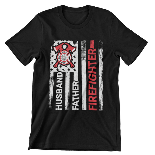 T-shirt with distressed American flag and “Husband Father Firefighter” design in bold red and white