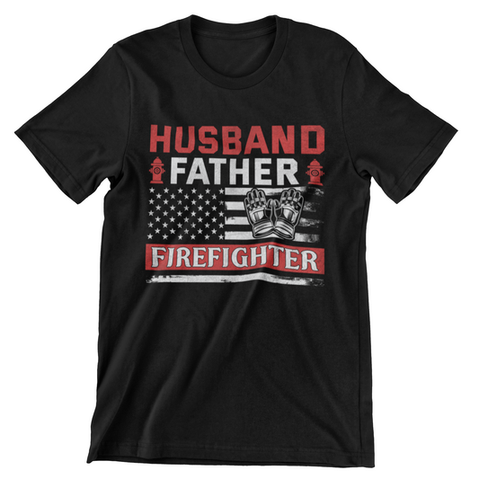 Husband Father Firefighter t-shirt with American flag, gloves, hydrants, and bold red and white text