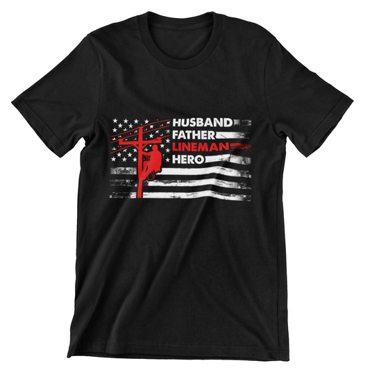 Husband Father Lineman Hero T-Shirt – Black Color, Front View