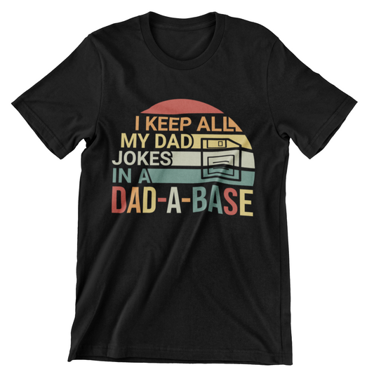 ‘I Keep All My Dad Jokes in a Dad-A-Base’ and floppy disk icon in vintage sunset colors