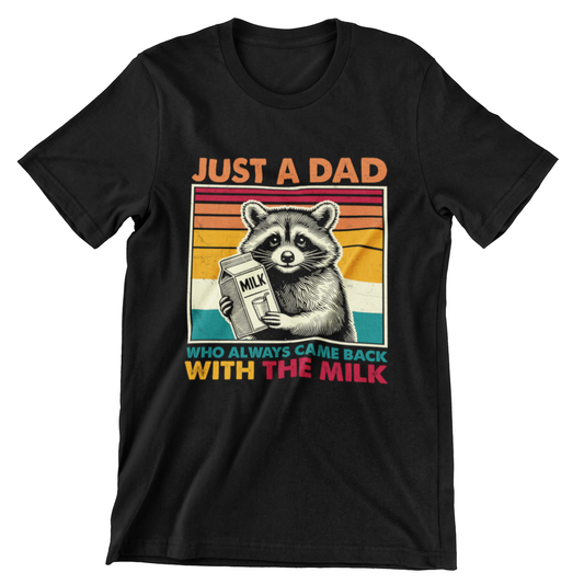 t-shirt with retro raccoon holding milk carton and text ‘Just a Dad Who Always Came Back With the Milk’ in vintage sunset colors