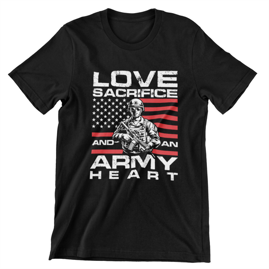 ‘Love, Sacrifice, and an Army Heart’ text featuring soldier and American flag graphic in red, white, and gray design