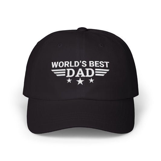 Man wearing a black baseball cap embroidered with "World's Best Dad" in bold white text and star graphics