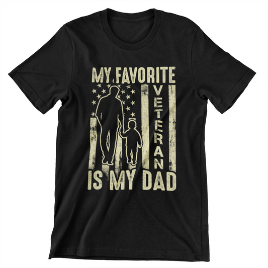 ‘My Favorite Veteran Is My Dad’ text, distressed American flag, and silhouette of father and child holding hands