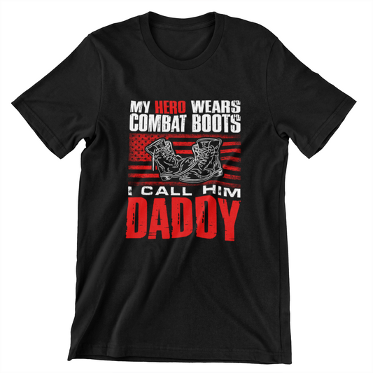 ‘My Hero Wears Combat Boots I Call Him Daddy’ text, red combat boots, and American flag background design