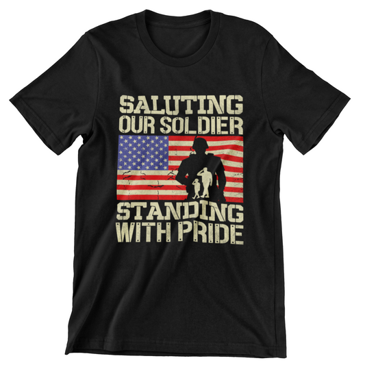 ‘Saluting Our Soldier Standing With Pride’ text, American flag background, and soldier silhouette with saluting family