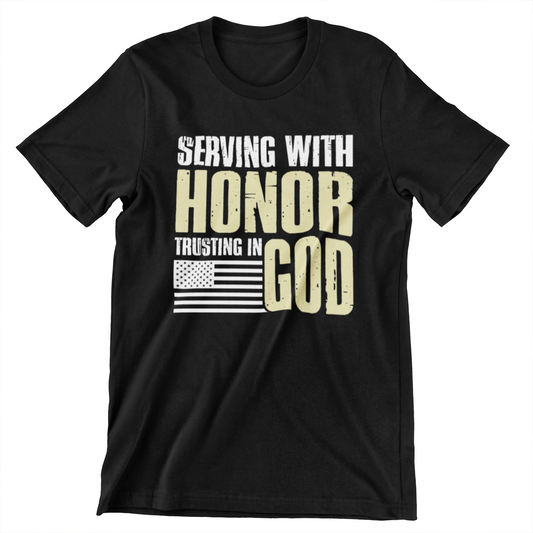 ‘Serving with Honor, Trusting in God’ text and white American flag design in military and faith-inspired font