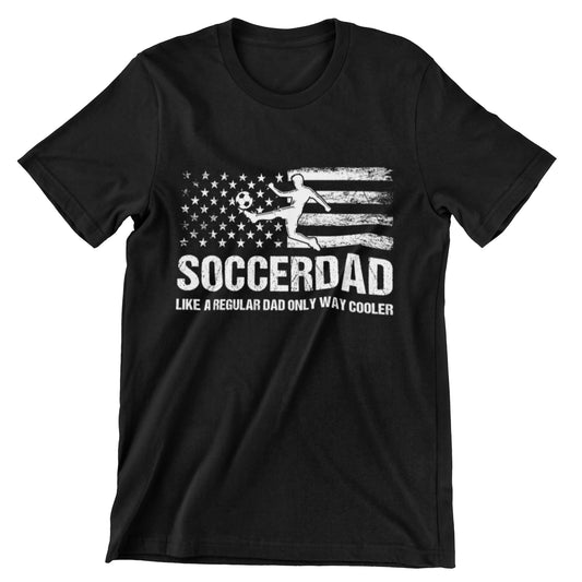 SoccerDad t-shirt with American flag and soccer player silhouette – perfect for soccer-loving dads