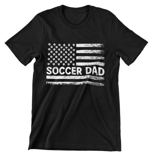 Soccer Dad T-shirt with vintage distressed American flag made of soccer balls and stripes