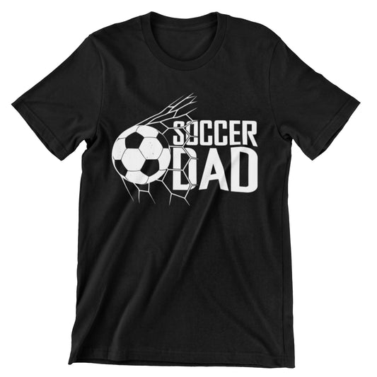 Soccer Dad t-shirt with soccer ball graphic breaking through the net – perfect for soccer-loving dads