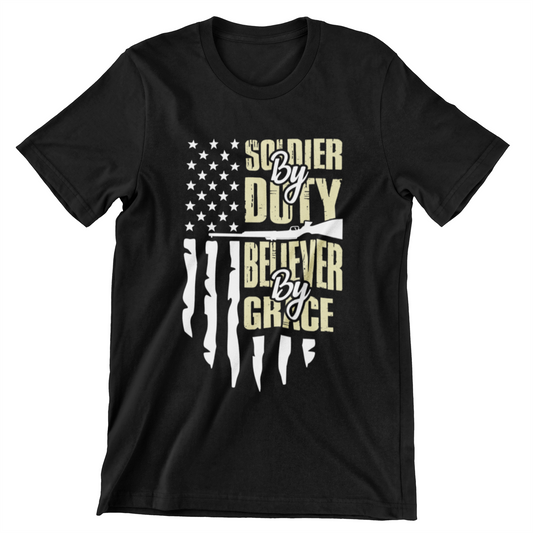 ‘Soldier by Duty, Believer by Grace’ with American flag, rifle silhouette, and bold Christian military design