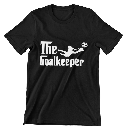 The Goalkeeper T-shirt – Black design with goalkeeper diving for the soccer ball, ideal for football fans.