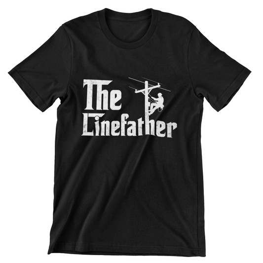 The Linefather T-shirt – White Text with Lineman Climbing Utility Pole on Black Shir