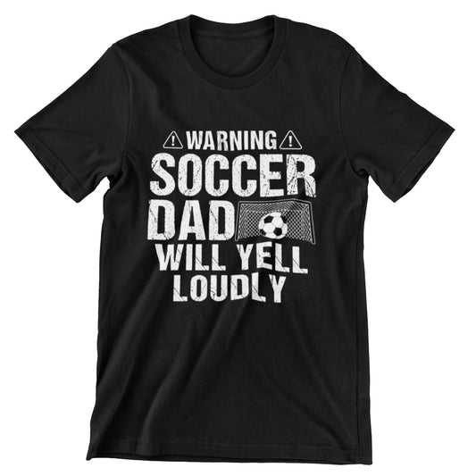 Warning Soccer Dad shirt with soccer goal graphic – perfect for passionate soccer dads