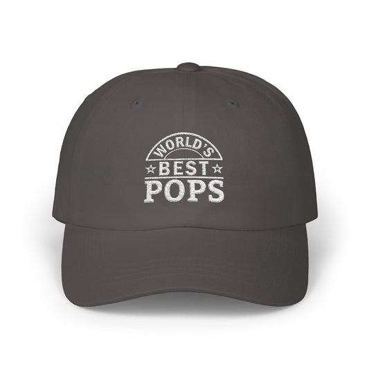 baseball cap with bold white embroidered text “World’s Best Pops” and stars – gift hat for grandfathers
