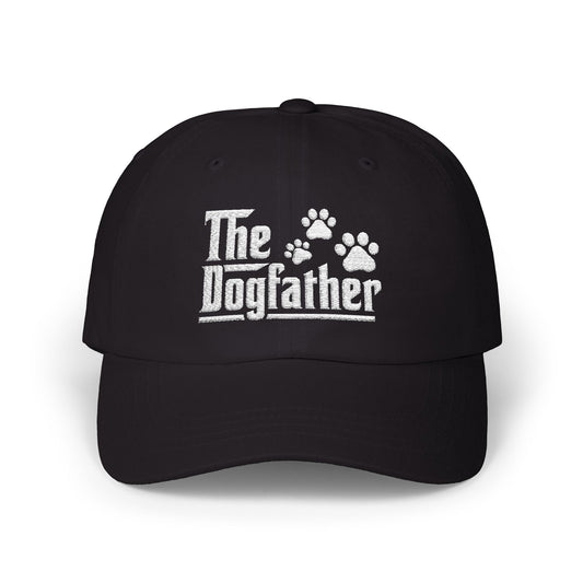 cap design with “The Dogfather” text and white paw prints – funny gift for dog dads and pet lovers