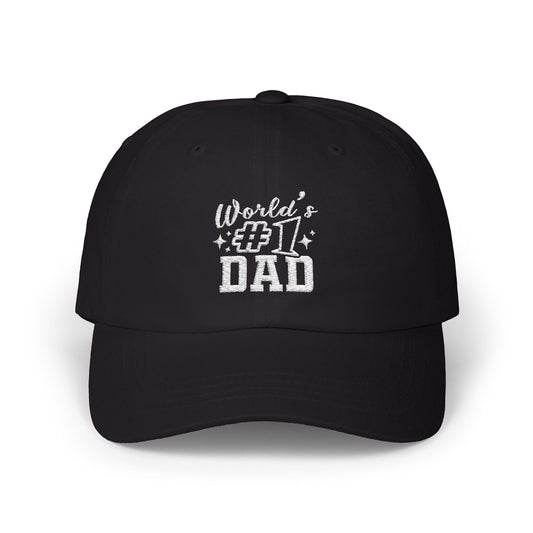 embroidered hat with World’s #1 Dad text and star accents
