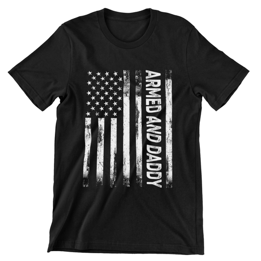 t-shirt with distressed American flag and “Armed and Daddy” text – perfect for patriotic gun owner dads