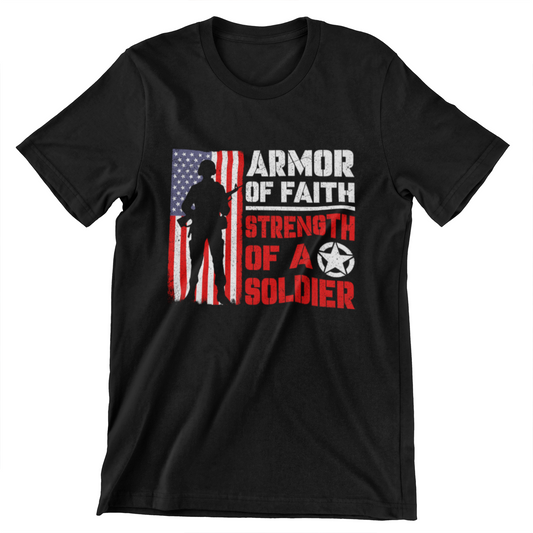 ‘Armor of Faith, Strength of a Soldier’ text featuring soldier silhouette, American flag, and military star graphic in red and white
