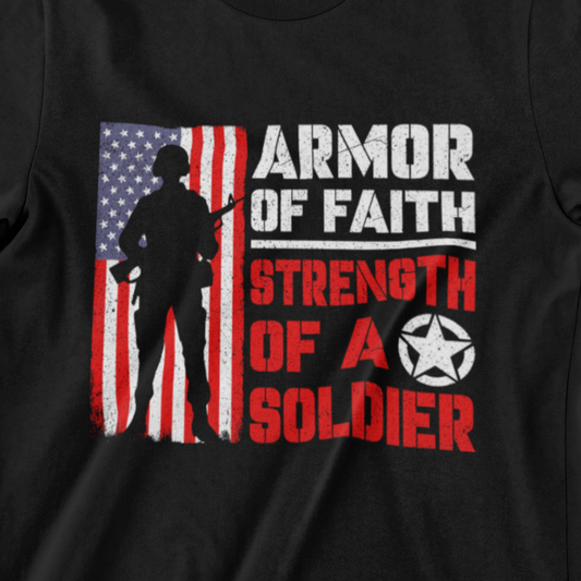 ‘Armor of Faith, Strength of a Soldier’ text featuring soldier silhouette, American flag, and military star graphic in red and white