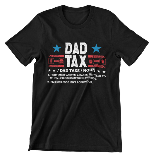 Dad Tax t-shirt – Patriotic design with American flag and food icons, featuring humorous "Dad Tax" phrase. Available in black, grey, navy, and green.