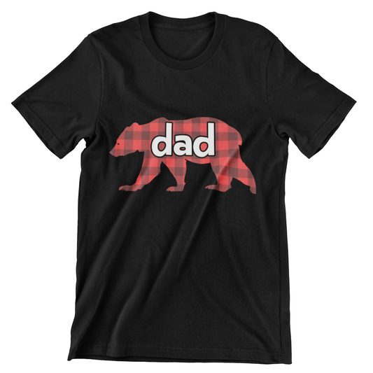  t-shirt featuring a red buffalo plaid bear silhouette with the word “dad” inside – rustic Father’s Day gift shirt