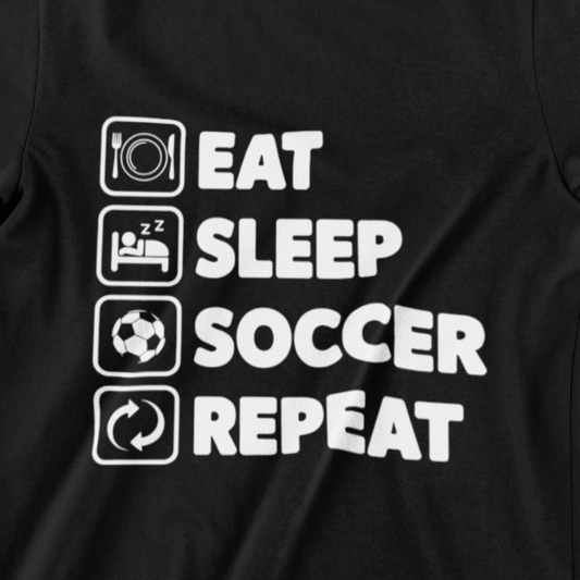 Eat Sleep Soccer Repeat T-Shirt - Black Shirt with Bold Icons