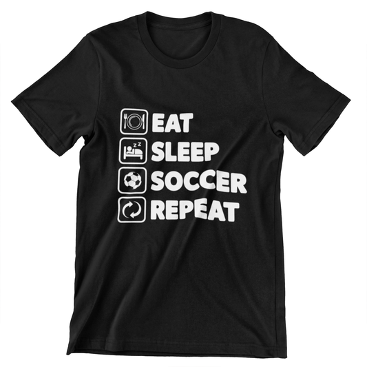 Eat Sleep Soccer Repeat T-Shirt - Black Shirt with Bold Icons