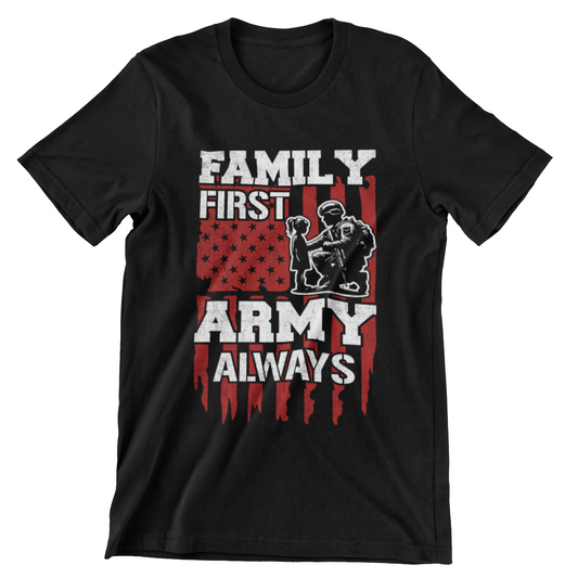  ‘Family First Army Always’ slogan with soldier kneeling before child and distressed American flag background T-shirt