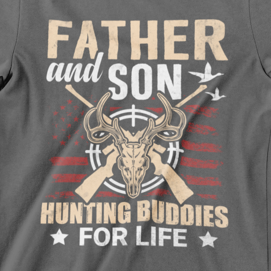 Father and Son Hunting Buddies For Life T-Shirt – Black tee with deer skull, rifles, and American flag graphic