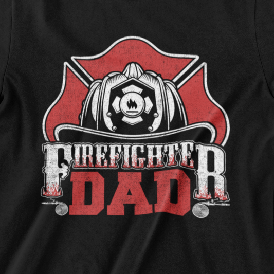 Firefighter Dad t-shirt with vintage fire helmet, badge shield, and bold distressed text