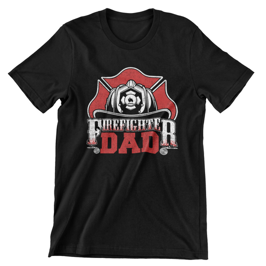 Firefighter Dad t-shirt with vintage fire helmet, badge shield, and bold distressed text