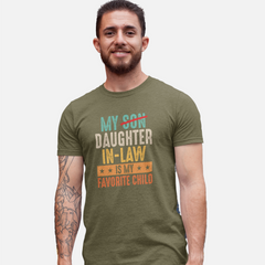 Funny 'My Daughter-in-Law is My Favorite Child' T-shirt design on black background