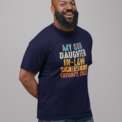 Funny 'My Daughter-in-Law is My Favorite Child' T-shirt design on black background