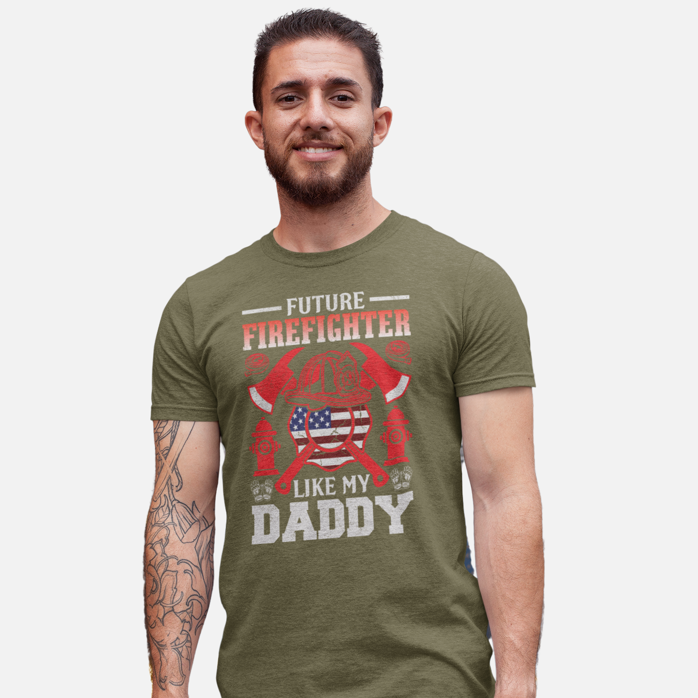 Future Firefighter Like My Daddy kids t-shirt with American flag helmet, axes, gloves, and fire hydrants