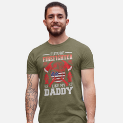 Future Firefighter Like My Daddy kids t-shirt with American flag helmet, axes, gloves, and fire hydrants