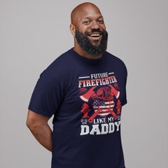 Future Firefighter Like My Daddy kids t-shirt with American flag helmet, axes, gloves, and fire hydrants
