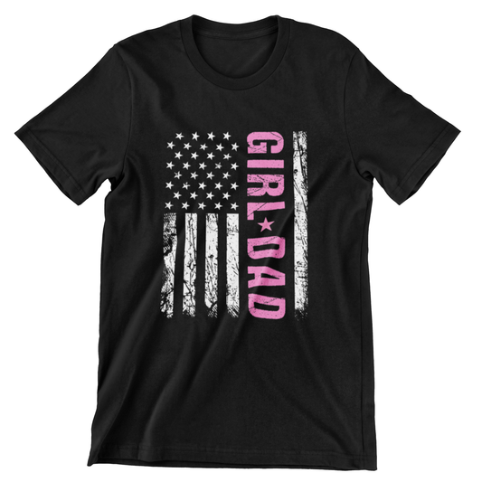 Girl Dad T-shirt featuring an American flag design with pink "GIRL*DAD" text.

