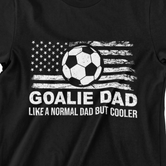 Goalie Dad T-shirt – Bold design featuring a soccer ball and American flag, ideal for soccer dads and goalie supporters.