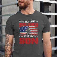 ‘He Is Not Just a Soldier He Is My Son’ text, American flag background, and soldier silhouette in red, white, and blue