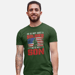 ‘He Is Not Just a Soldier He Is My Son’ text, American flag background, and soldier silhouette in red, white, and blue