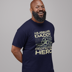 ‘Husband Daddy Protector Hero’ text and distressed American flag with military star emblem design
