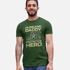 ‘Husband Daddy Protector Hero’ text and distressed American flag with military star emblem design