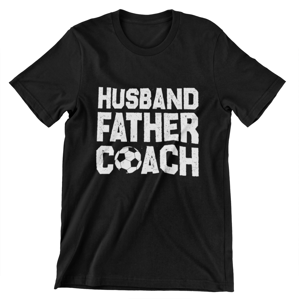 Husband Father Coach T-Shirt - Black Shirt with Bold Text and Soccer Ball

